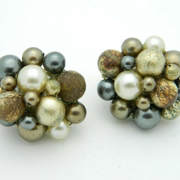 Japan Jewelry - Japan Gold Gray Acrylic Bead Beaded Clip-On